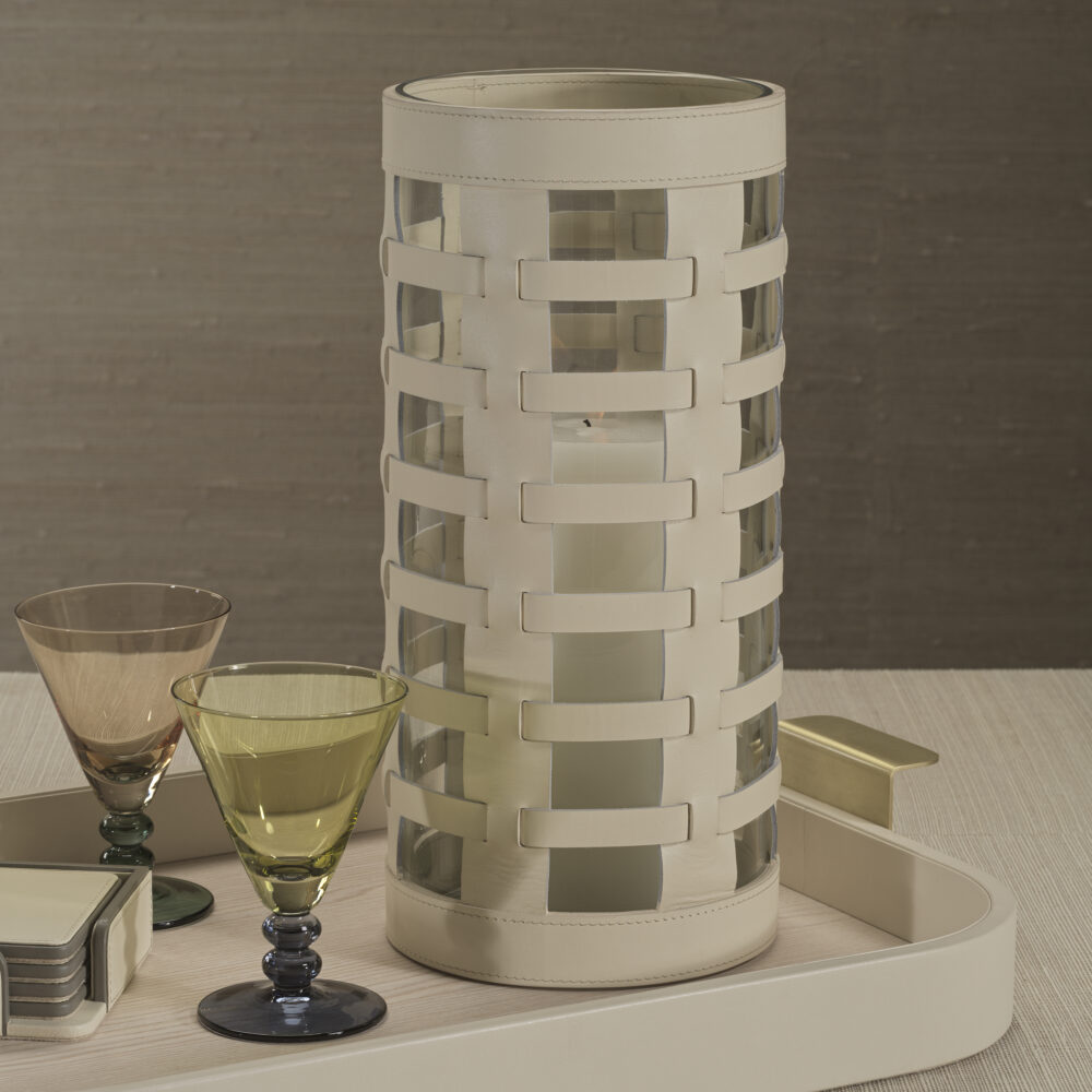 Nappa Woven Leather Glass Hurricane/ Vase, Cream by Zodax - Image 3