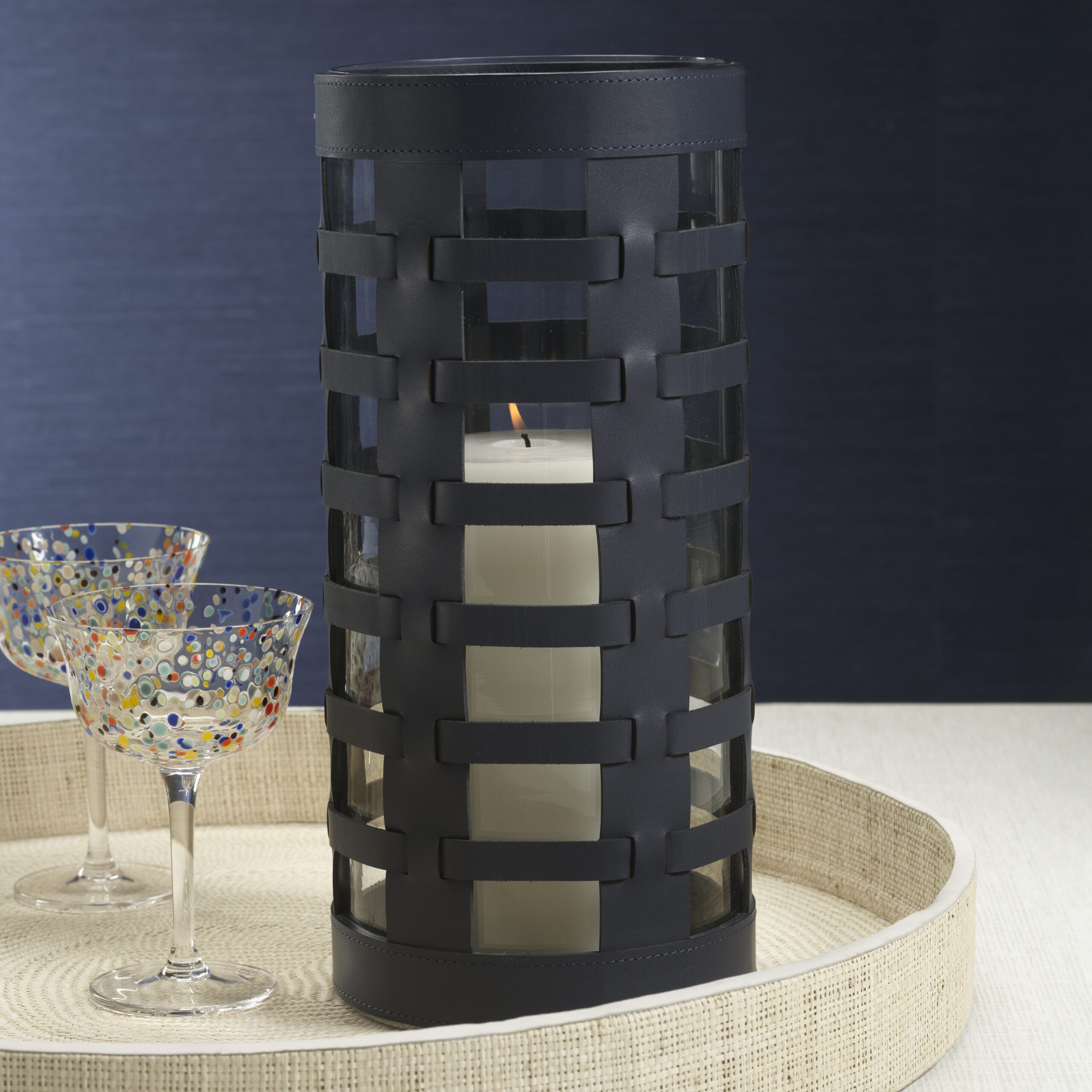 Nappa Woven Leather Glass Hurricane/ Vase, Navy by Zodax - Image 3
