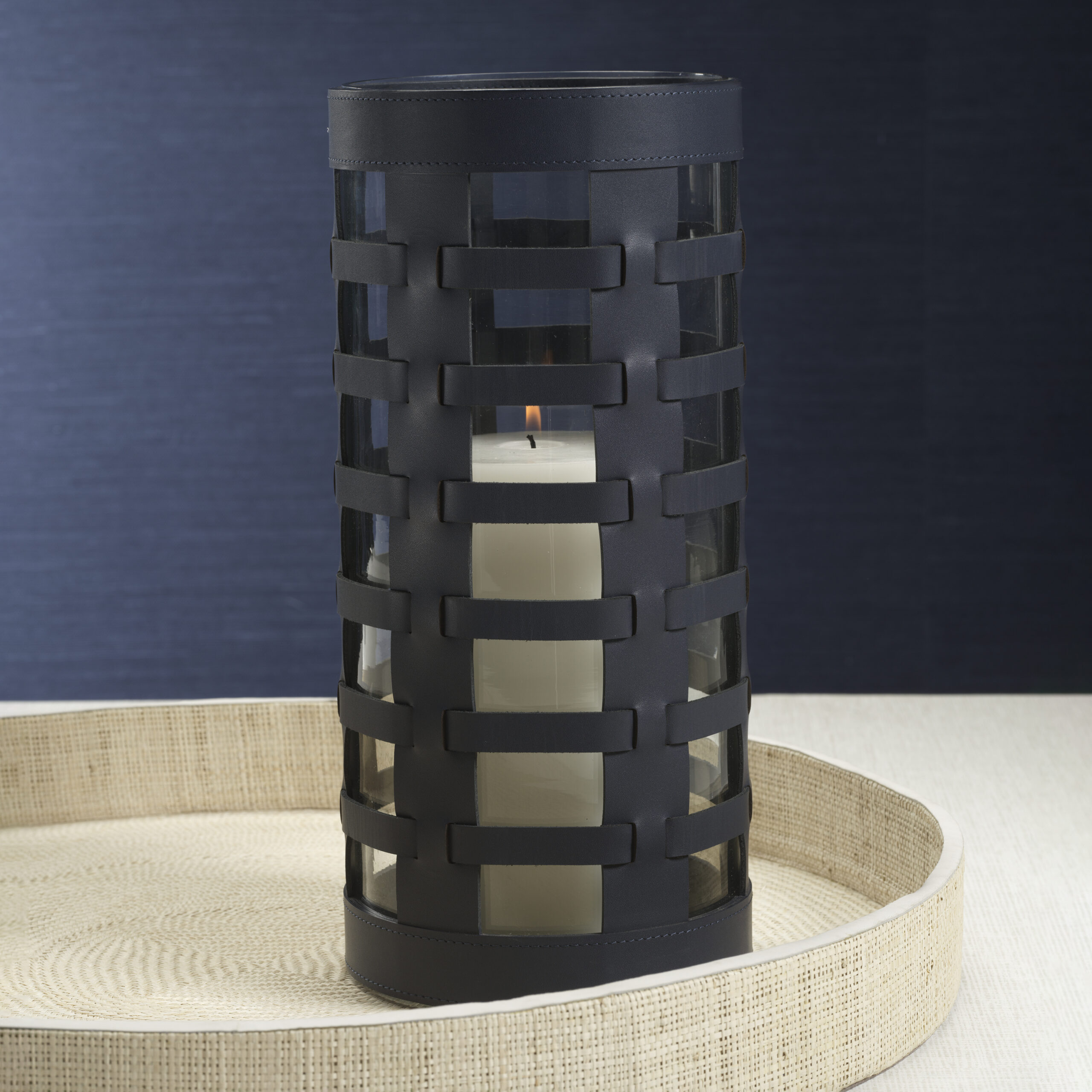 Nappa Woven Leather Glass Hurricane/ Vase, Navy by Zodax - Image 4