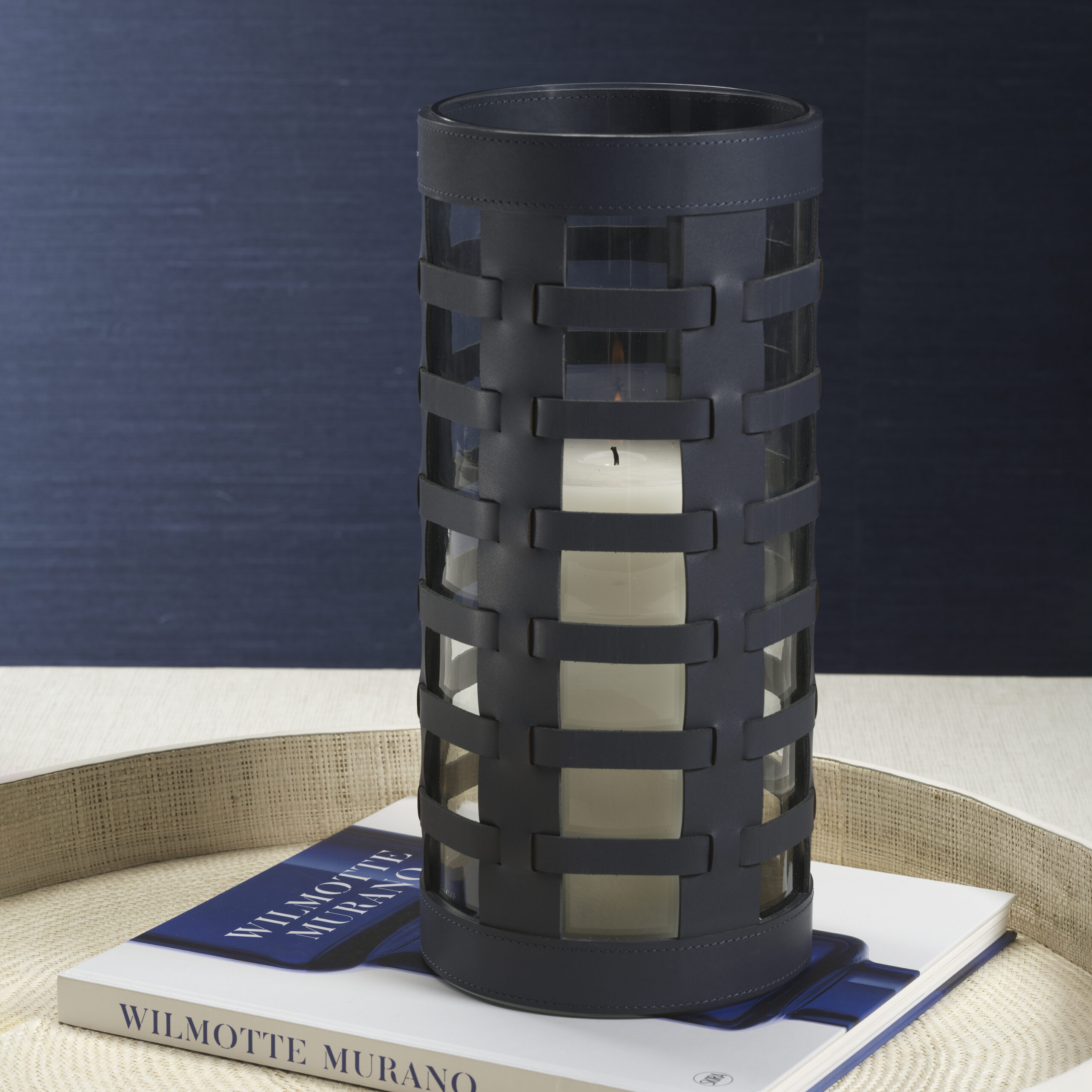Nappa Woven Leather Glass Hurricane/ Vase, Navy by Zodax - Image 5