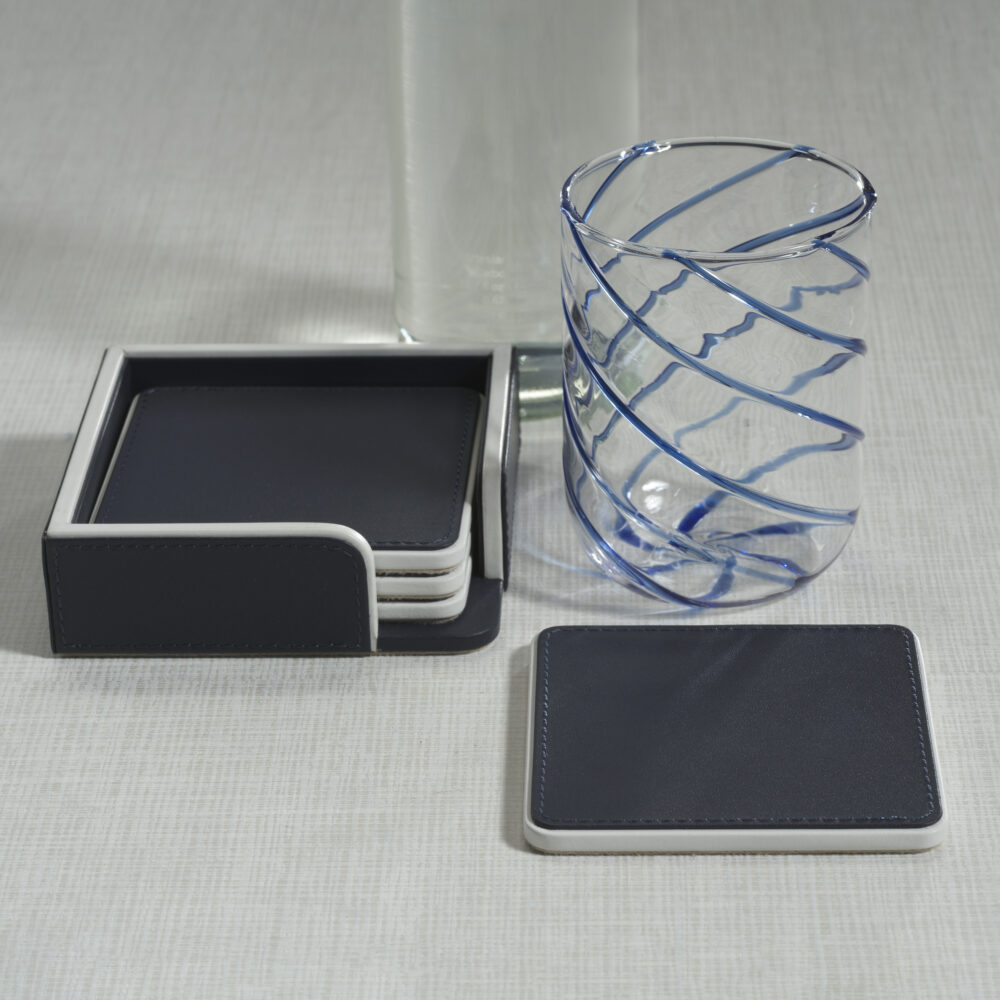 Nappa Leather 4,Piece Coaster Set on Tray, Navy & White by Zodax - Image 2