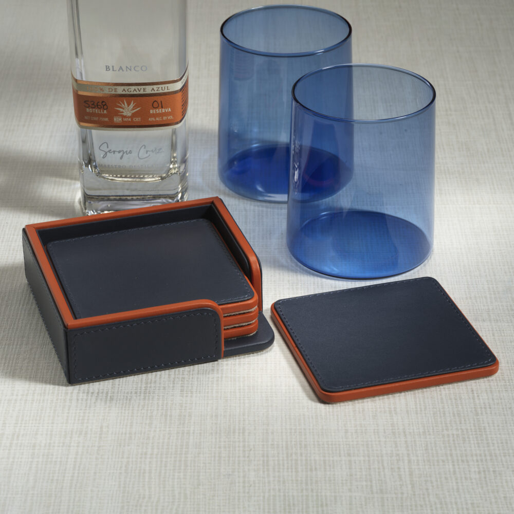 Nappa Leather 4,Piece Coaster Set on Tray, Navy & Orange by Zodax - Image 2