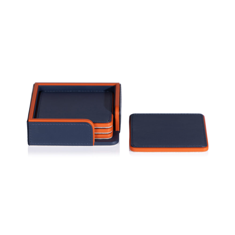 Nappa Leather 4,Piece Coaster Set on Tray, Navy & Orange by Zodax
