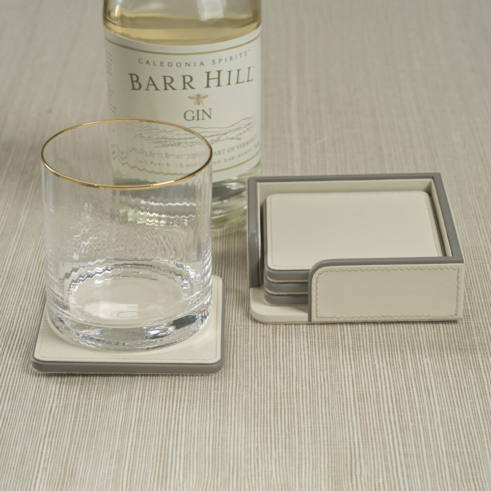 Nappa Leather 4,Piece Coaster Set on Tray, Cream & Gray by Zodax - Image 2
