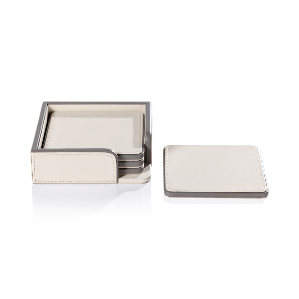 Nappa Leather 4,Piece Coaster Set on Tray, Cream & Gray by Zodax