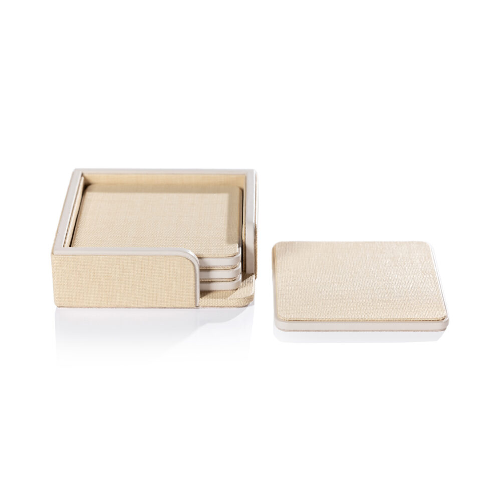 Nappa Leather & Raffia 4,Piece Coaster Set on Tray by Zodax