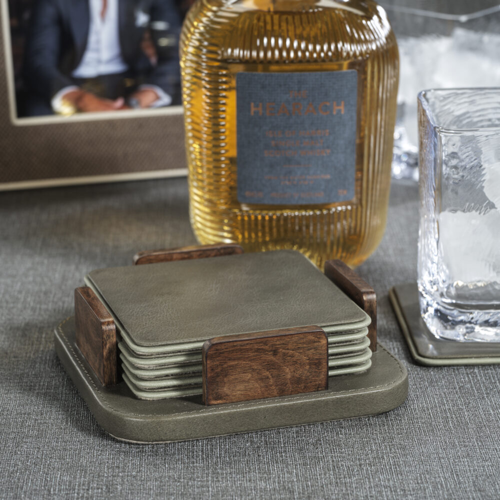Sotto 6,Piece Leather Coaster Set with Holder, Cedar Green by Zodax - Image 4