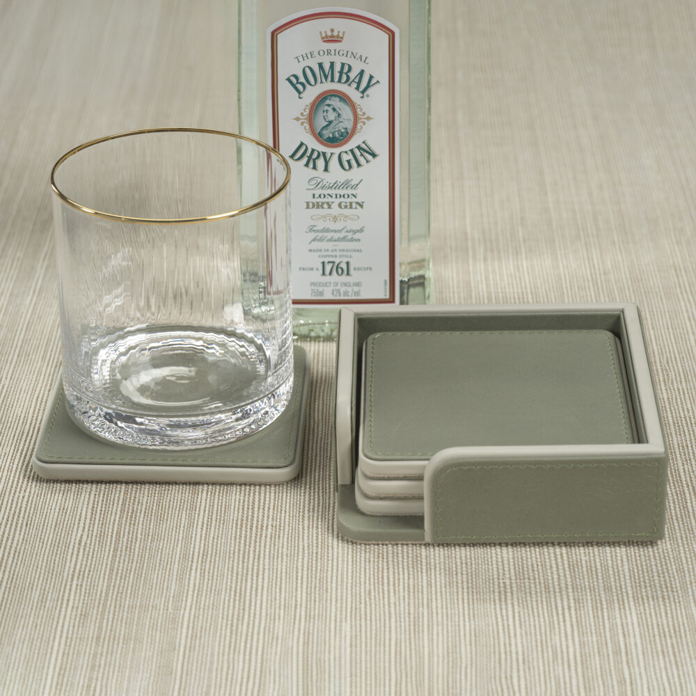 Nappa Leather 4,Piece Coaster Set on Tray,  Sage & Gray by Zodax - Image 2