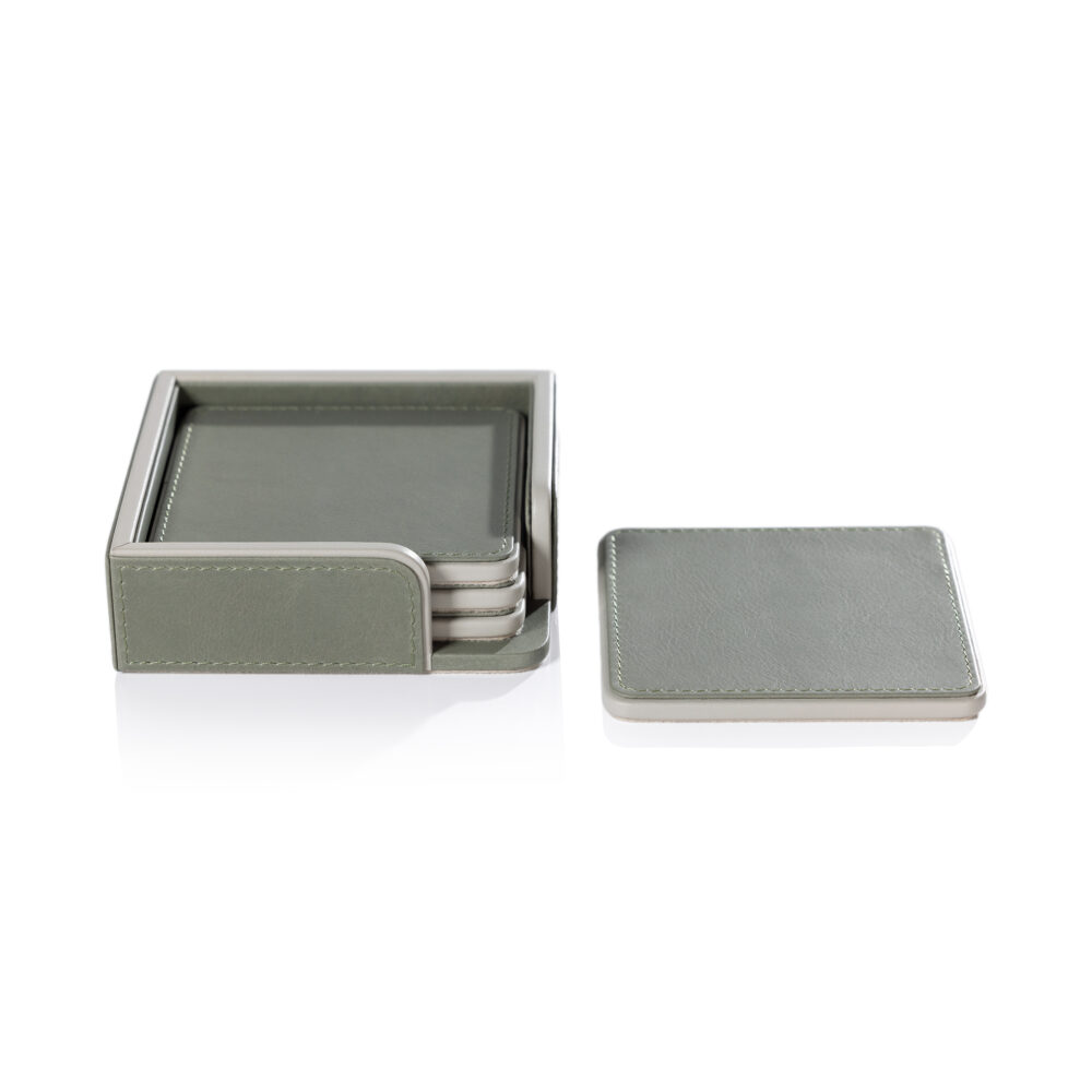 Nappa Leather 4,Piece Coaster Set on Tray,  Sage & Gray by Zodax