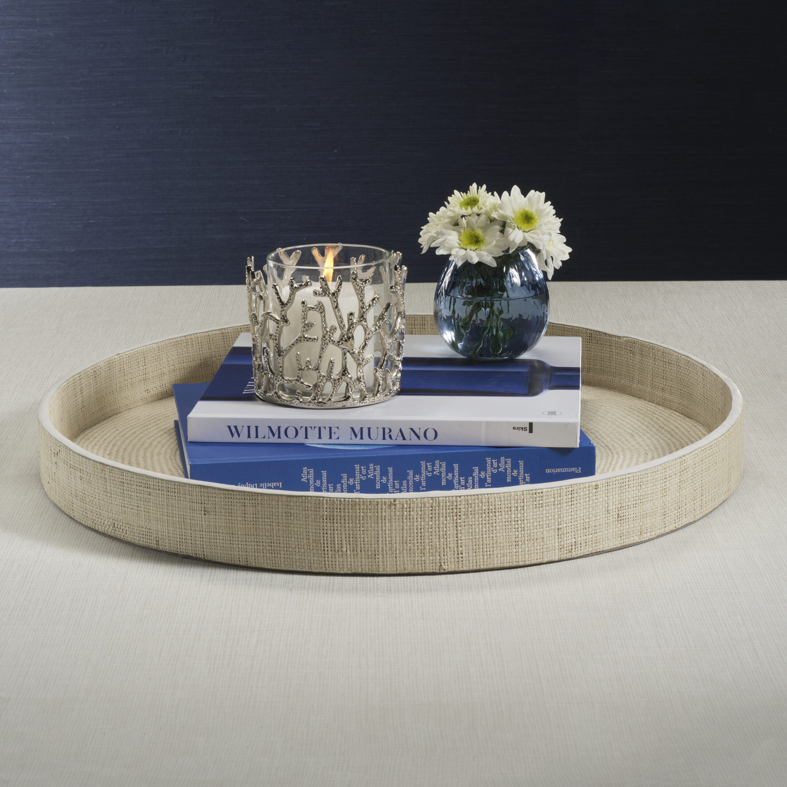 Reggio Naturale Fiber Raffia Round Serving Tray with Leather Trim by Zodax - Image 2