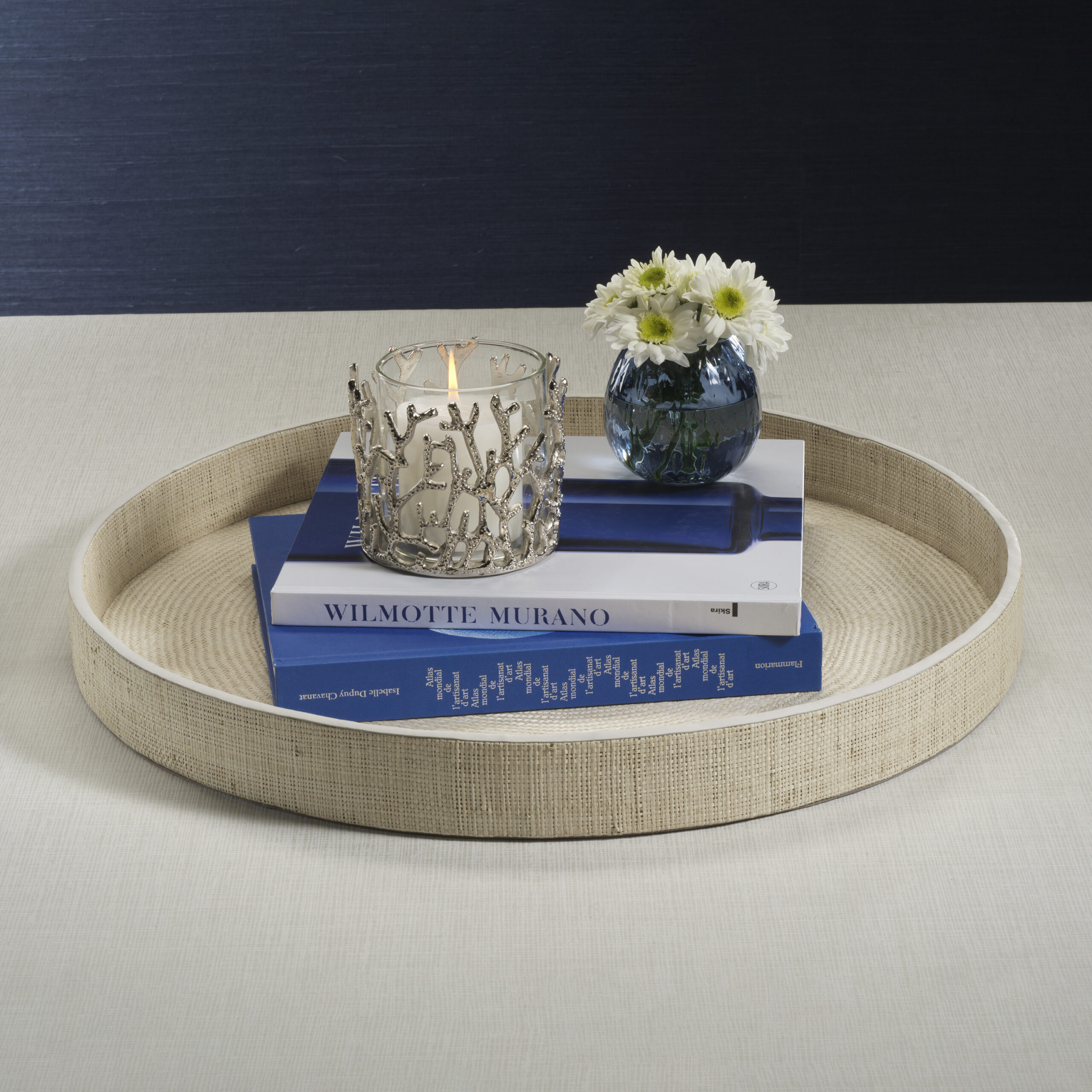 Reggio Naturale Fiber Raffia Round Serving Tray with Leather Trim by Zodax - Image 3