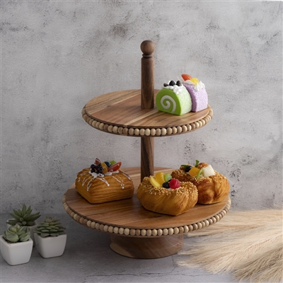 Acacia Wood Beaded 2-Tier Cake Plate by BIDKhome - Image 3