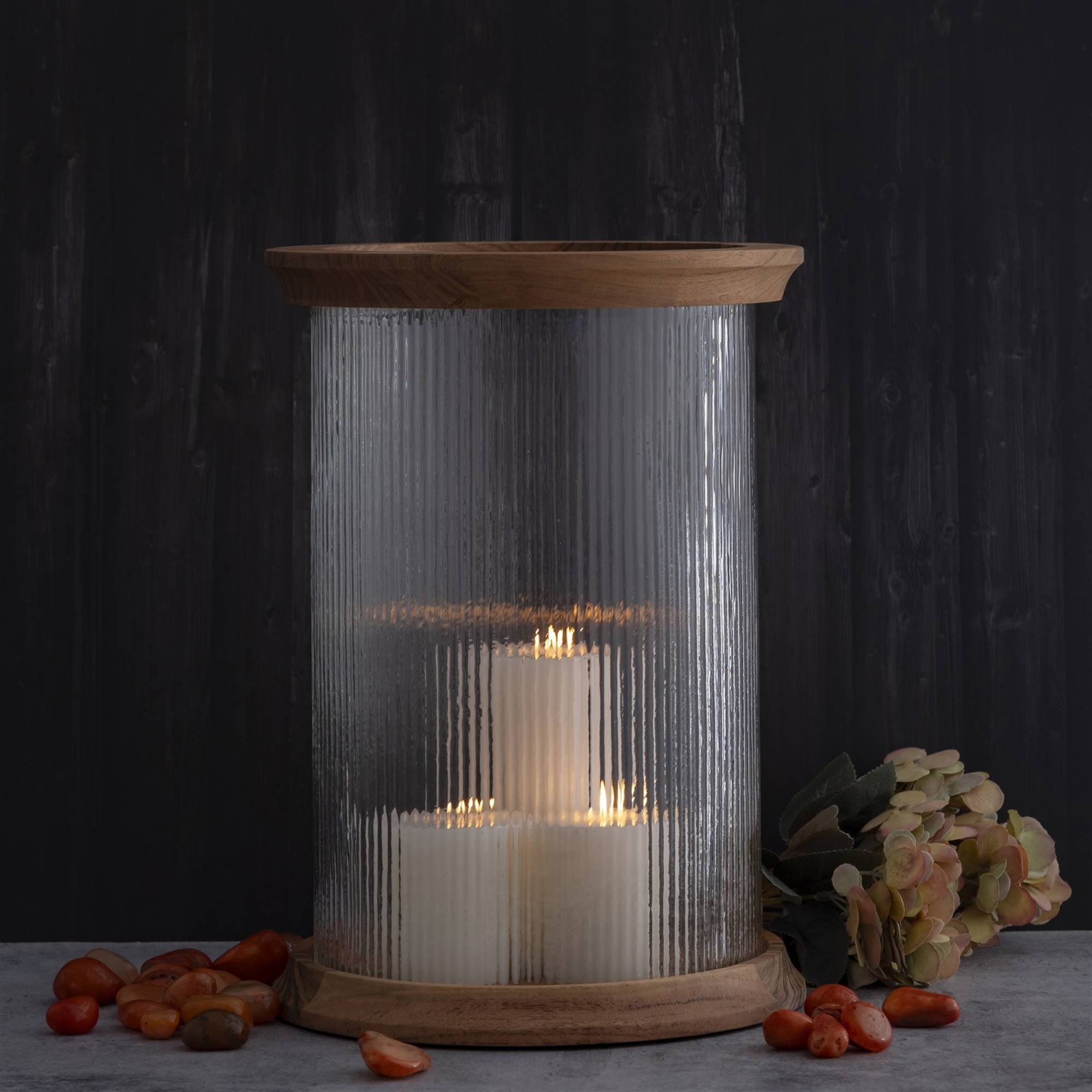 Acacia Wood with Fluted Glass Lantern by BIDKhome - Image 6