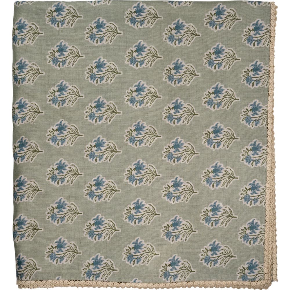 Sage Green and Blue Flower Tablecloth with Floral Lace Edge by Abigails