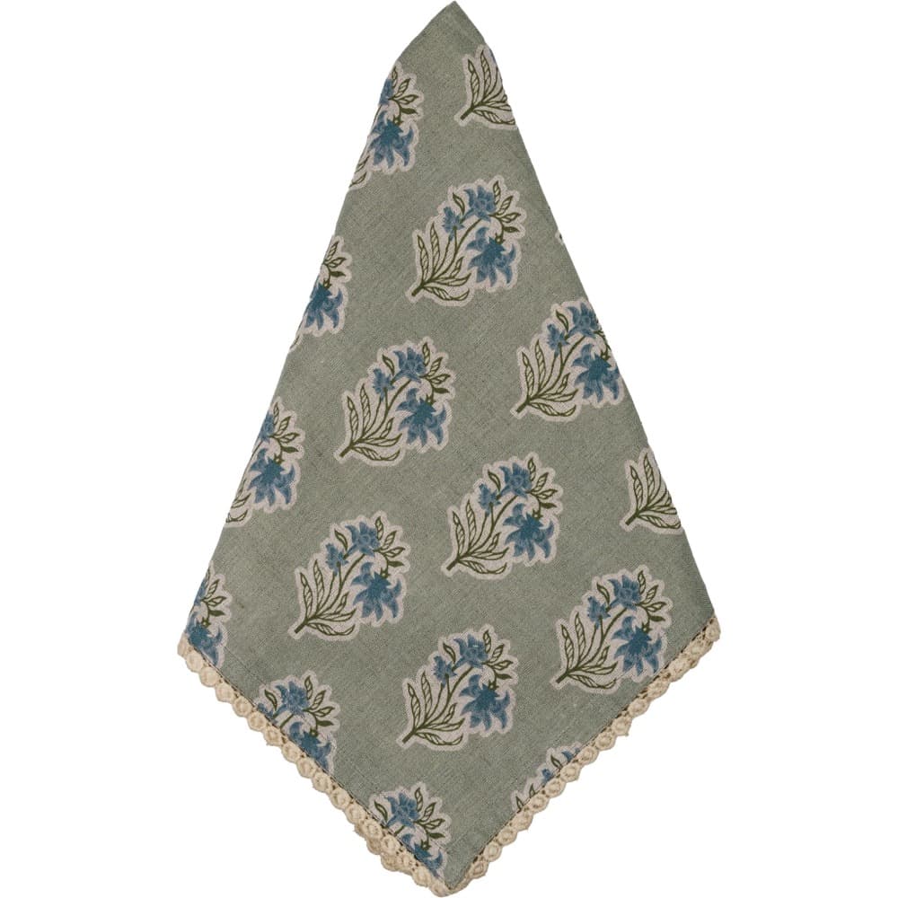Sage Green and Blue Flower Napkin with Floral Lace Edge Set of 8 by Abigails