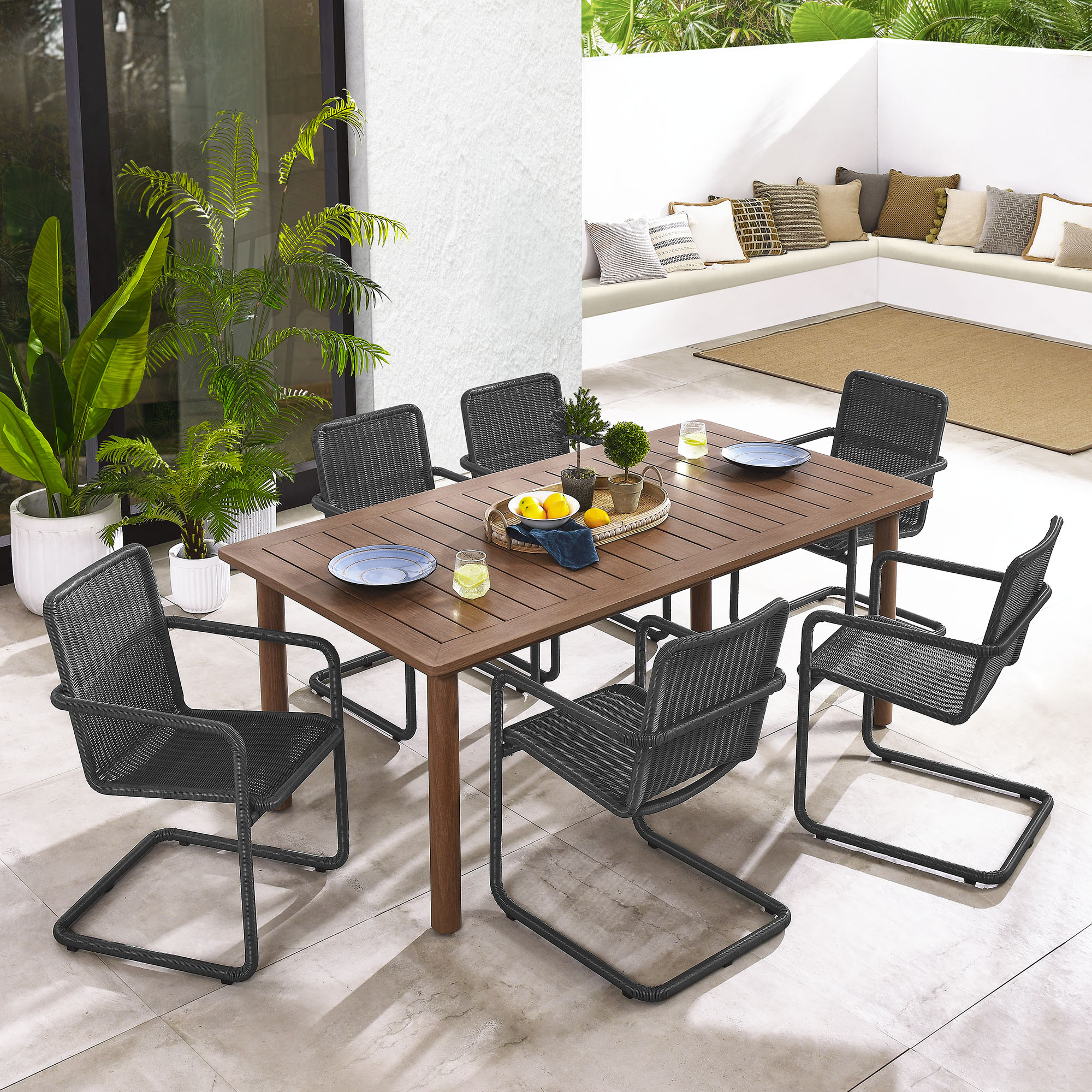 Abacus 7-Piece Rectangular Outdoor Patio Aluminum Dining Table Set with Rattan Armchairs by Modway