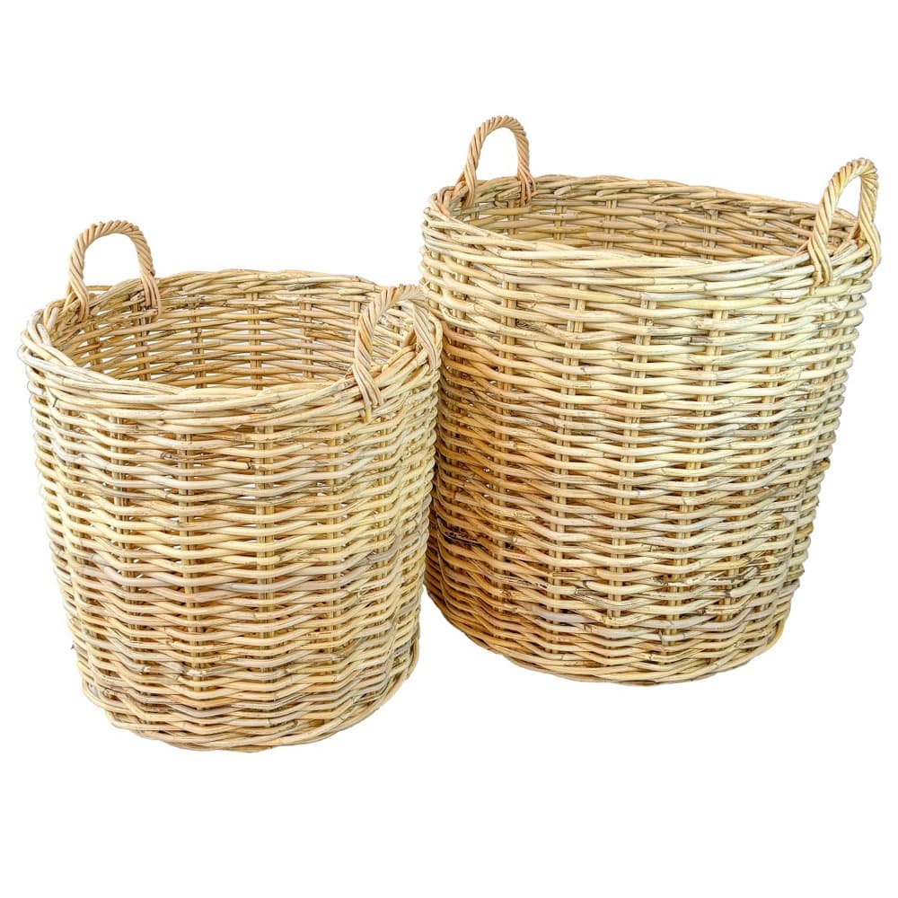 Set of 2 Natural Round Rattan Baskets w/ No Wheels by BIDKhome