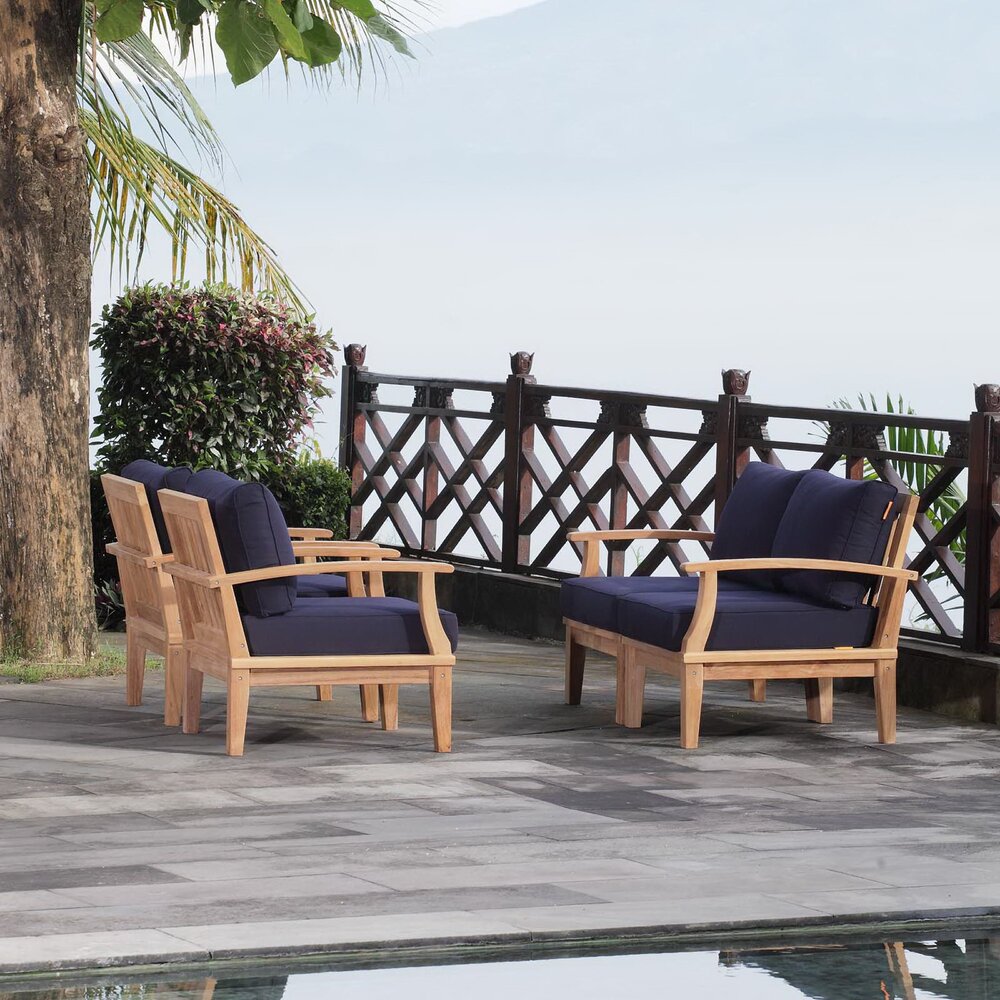 Marina 4 Piece Outdoor Patio Teak Set in Natural Navy by Modway - Image 8