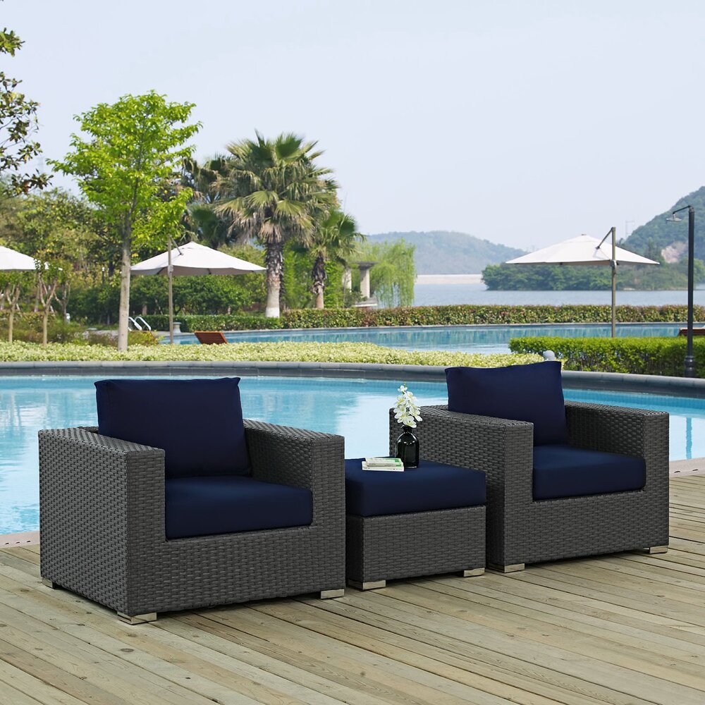 Sojourn 3 Piece Outdoor Patio Sunbrella® Sectional Set in Canvas Navy by Modway - Image 6