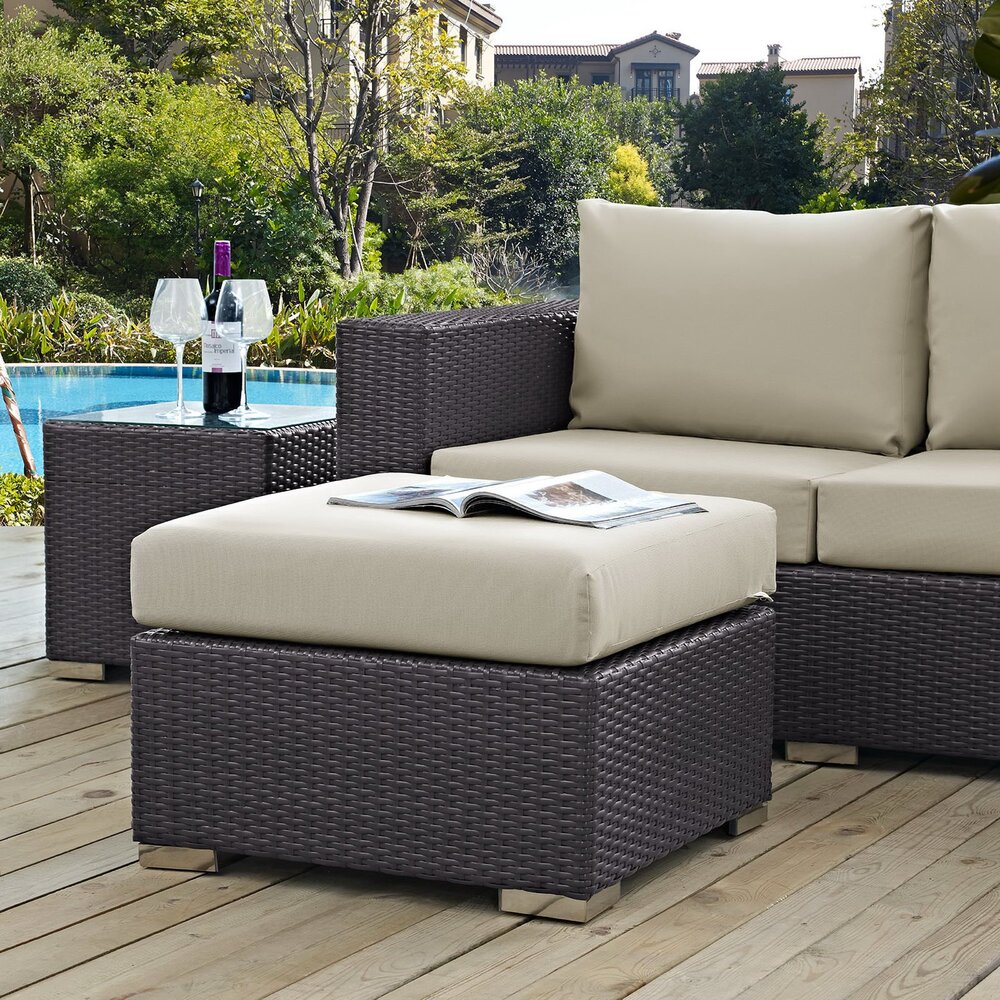Convene Outdoor Patio Fabric Square Ottoman in Espresso Beige by Modway - Image 3