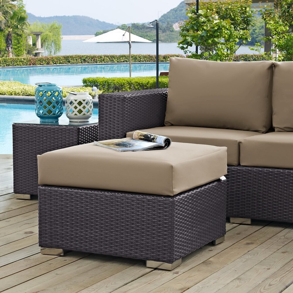 Convene Outdoor Patio Fabric Square Ottoman in Espresso Mocha by Modway - Image 3