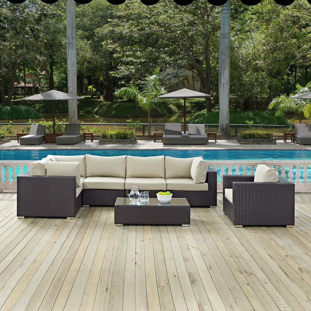 Convene 7 Piece Outdoor Patio Sectional Set in Espresso Beige by Modway - Image 9