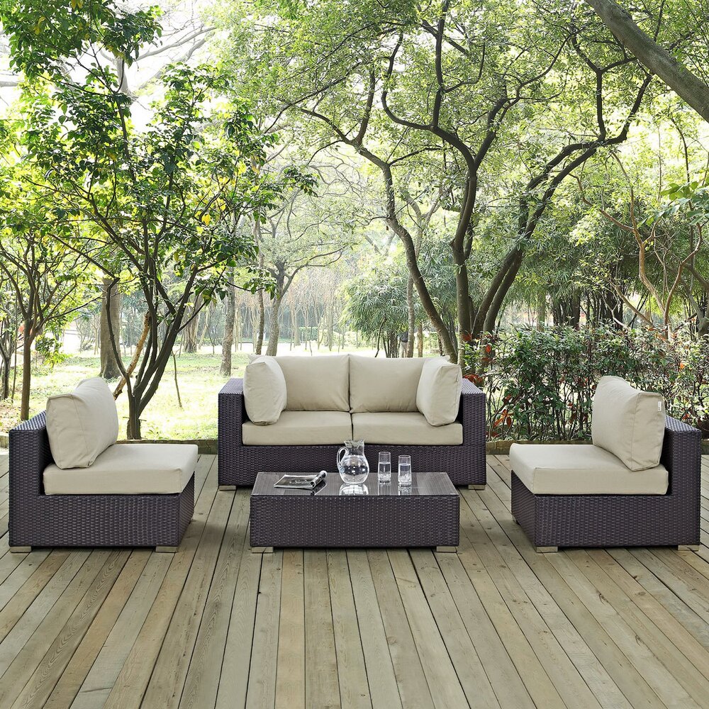 Convene 5 Piece Outdoor Patio Sectional Set in Espresso Beige by Modway - Image 7