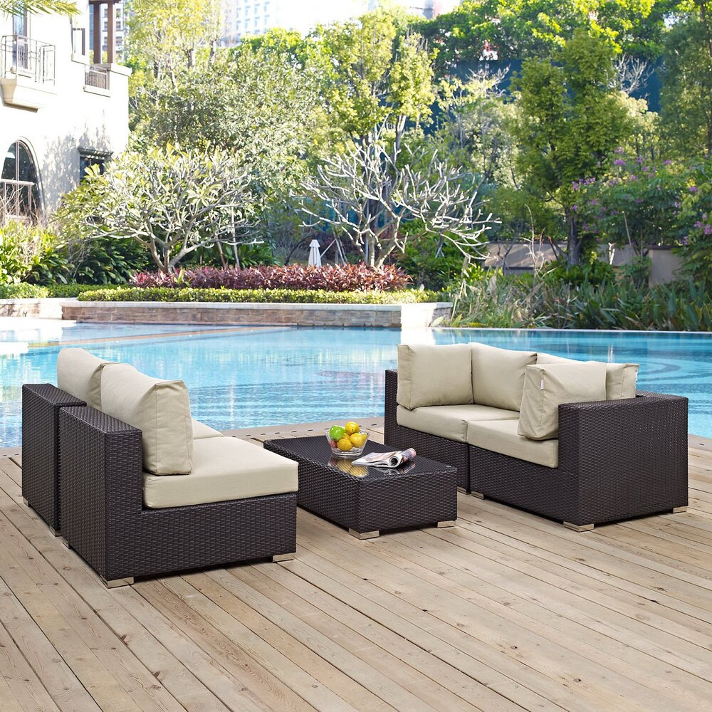Convene 5 Piece Outdoor Patio Sectional Set in Espresso Beige by Modway - Image 8