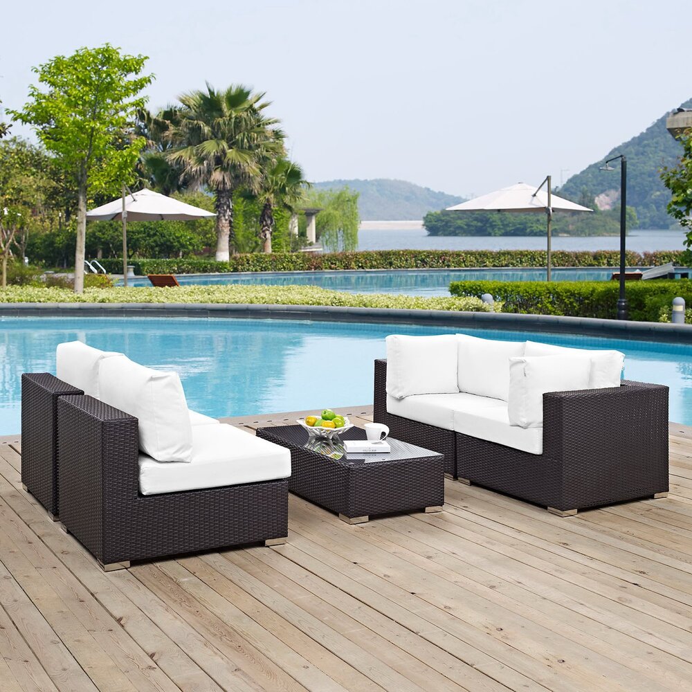 Convene 5 Piece Outdoor Patio Sectional Set in Espresso White by Modway - Image 7