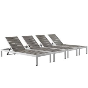 Shore Outdoor Patio Aluminum Chaise Set of 4 in Silver Gray by Modway