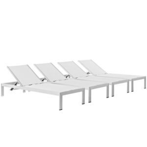 Shore Outdoor Patio Aluminum Chaise Set of 4 in Silver White by Modway