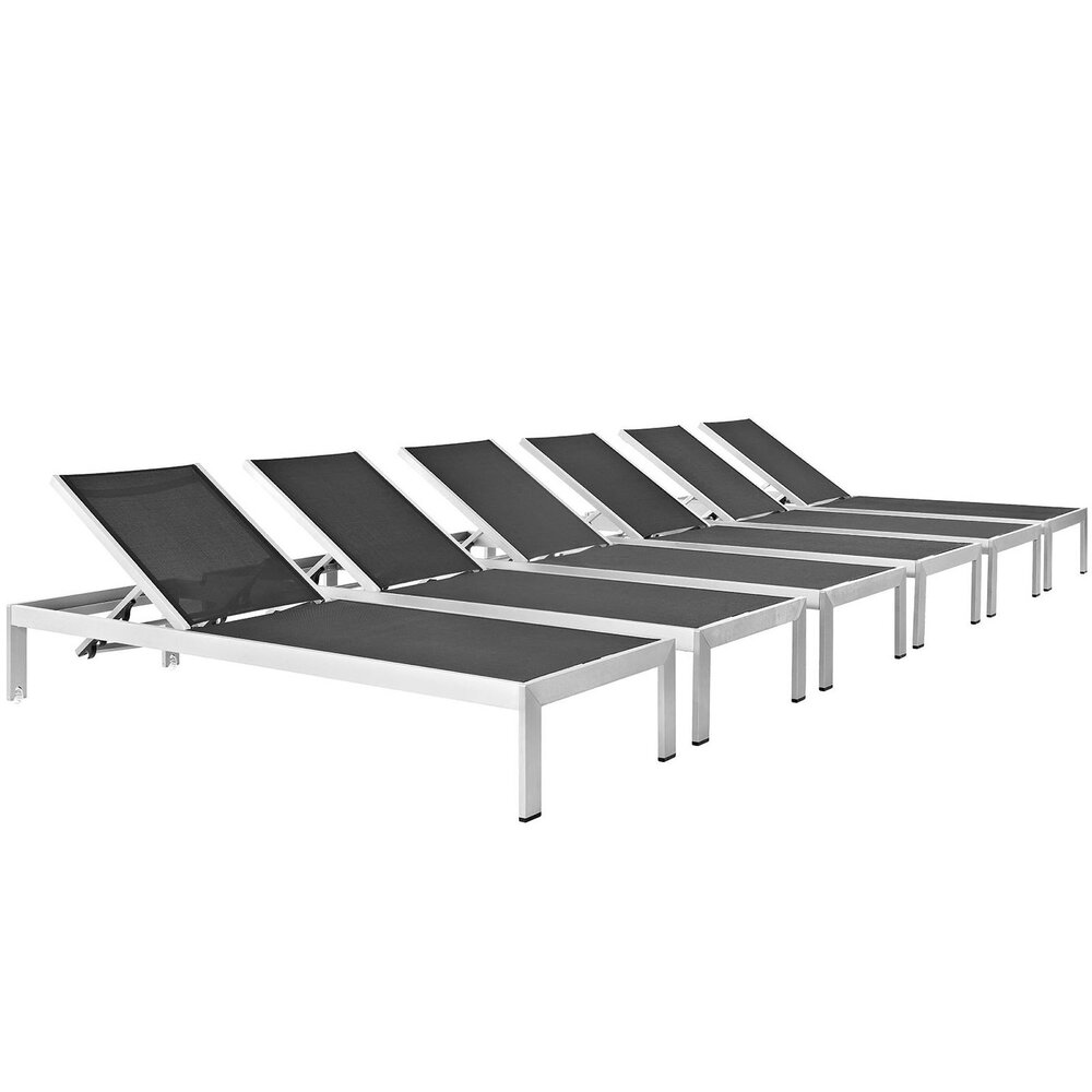 Shore Outdoor Patio Aluminum Chaise Set of 6 in Silver Black by Modway