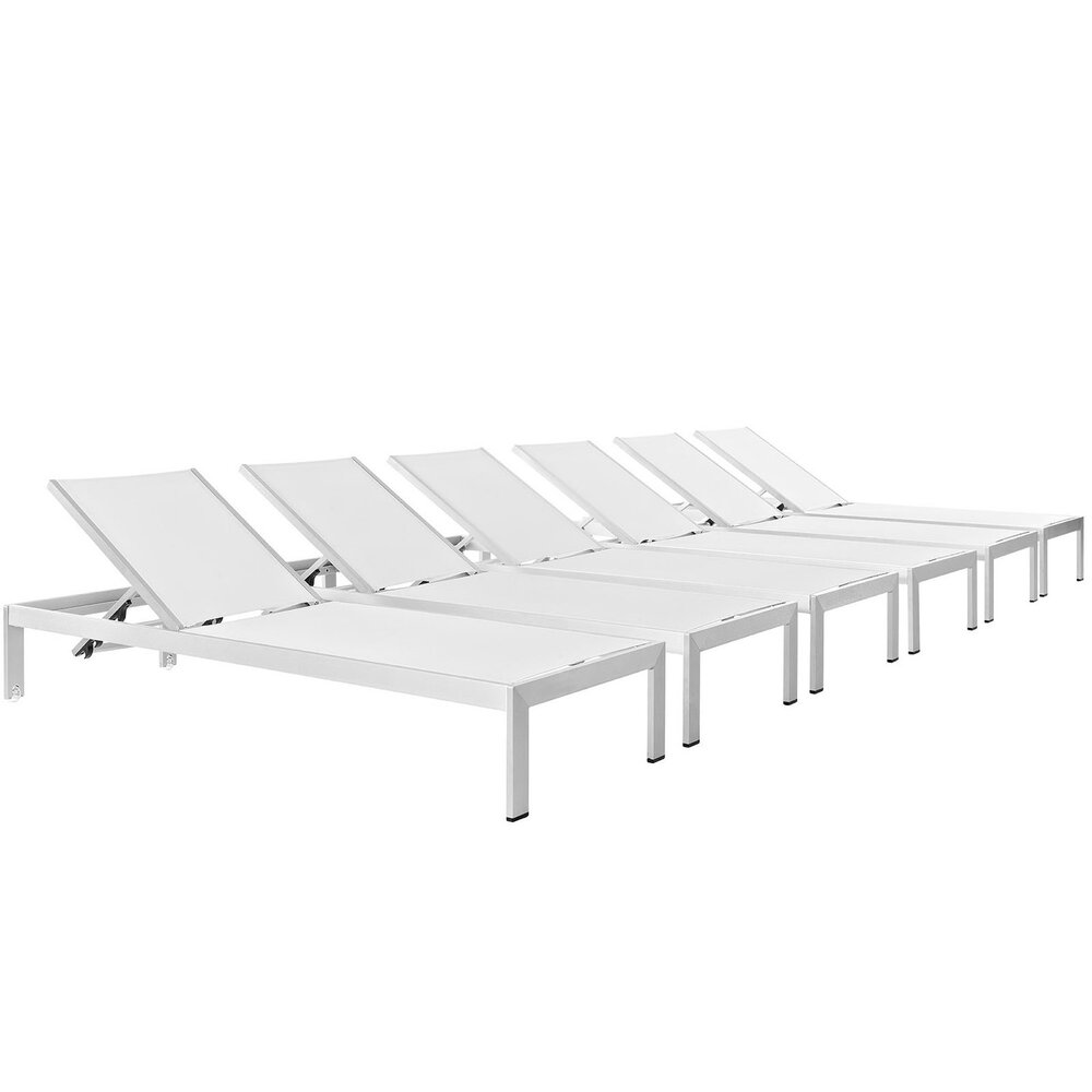 Shore Outdoor Patio Aluminum Chaise Set of 6 in Silver White by Modway