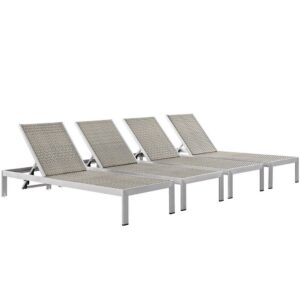 Shore Outdoor Patio Aluminum Chaise Set of 4 in Silver Gray by Modway