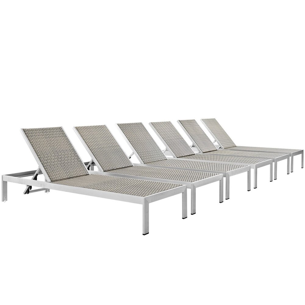 Shore Outdoor Patio Aluminum Chaise Set of 6 in Silver Gray by Modway