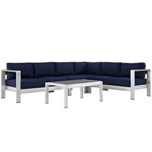 Shore 5 Piece Outdoor Patio Aluminum Sectional Sofa Set in Silver Navy by Modway