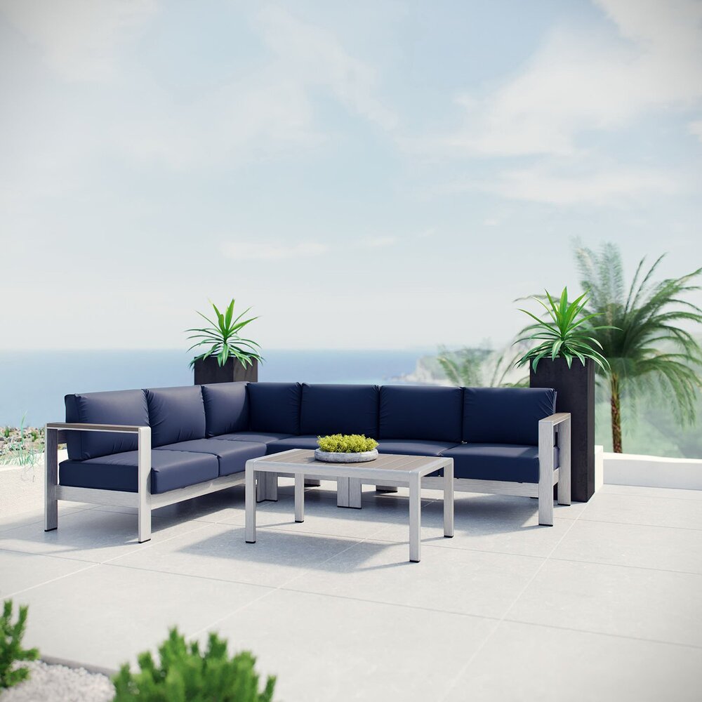 Shore 5 Piece Outdoor Patio Aluminum Sectional Sofa Set in Silver Navy by Modway - Image 7
