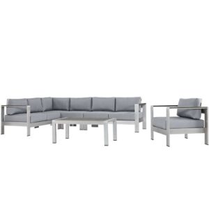 Shore 6 Piece Outdoor Patio Aluminum Sectional Sofa Set in Silver Gray by Modway