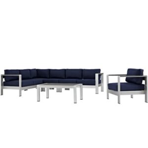 Shore 6 Piece Outdoor Patio Aluminum Sectional Sofa Set in Silver Navy by Modway