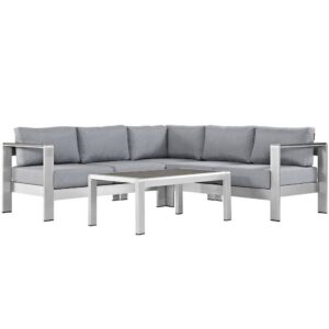 Shore 4 Piece Outdoor Patio Aluminum Sectional Sofa Set in Silver Gray by Modway