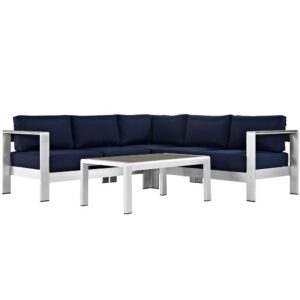 Shore 4 Piece Outdoor Patio Aluminum Sectional Sofa Set in Silver Navy by Modway