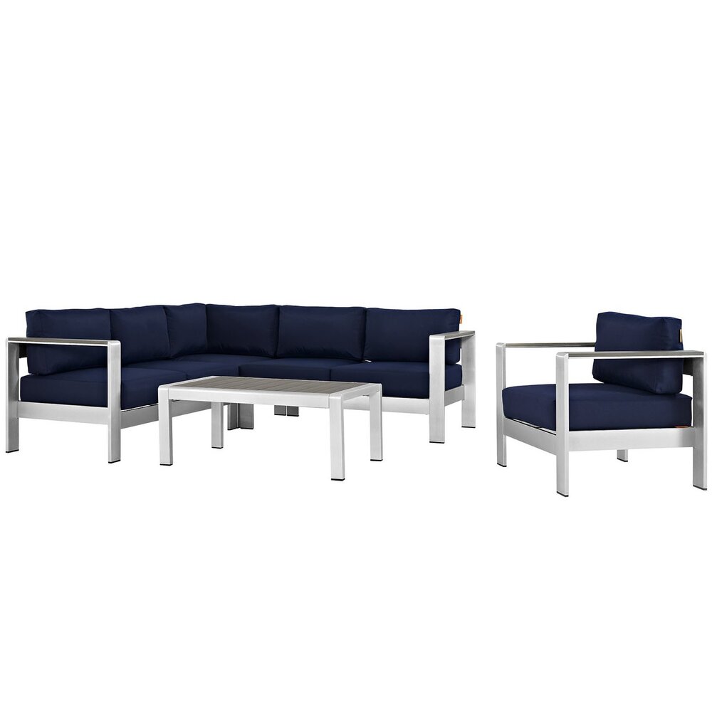 Shore 5 Piece Outdoor Patio Aluminum Sectional Sofa Set in Silver Navy by Modway