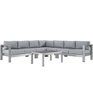 Shore 6 Piece Outdoor Patio Aluminum Sectional Sofa Set in Silver Gray by Modway