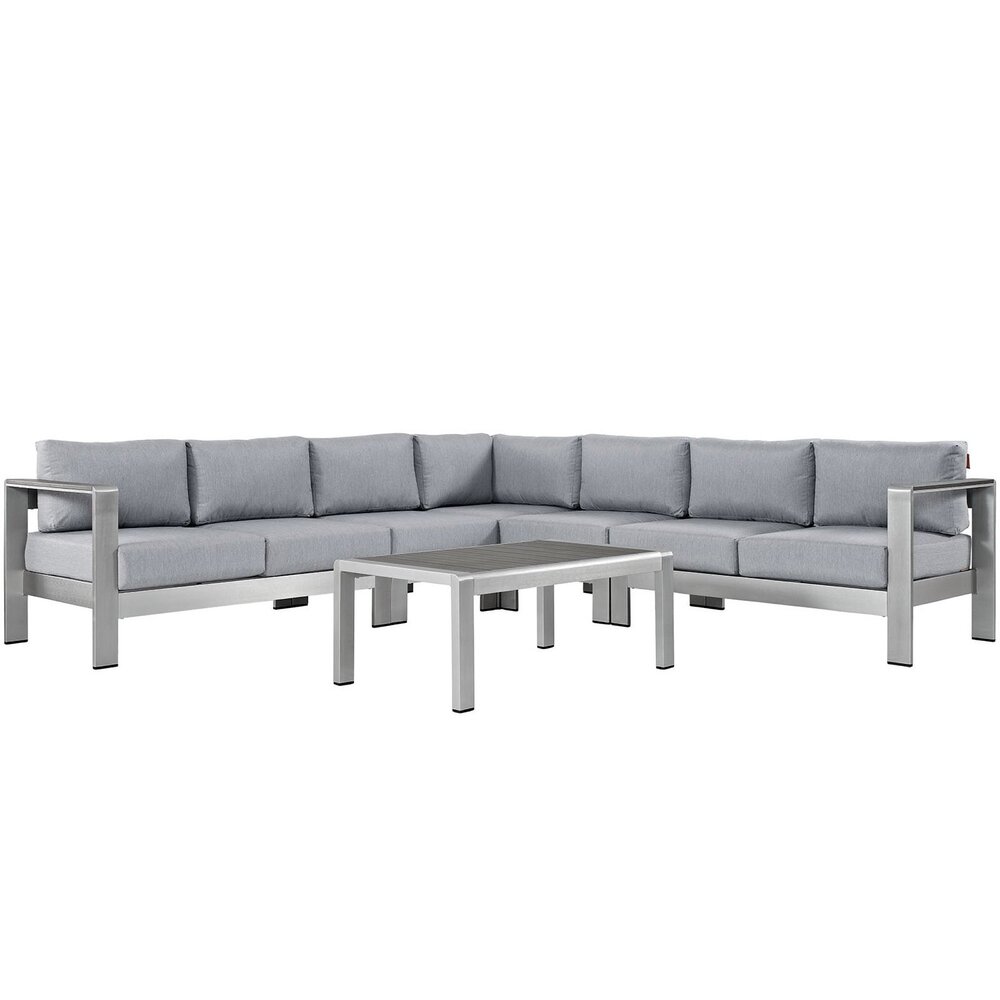 Shore 6 Piece Outdoor Patio Aluminum Sectional Sofa Set in Silver Gray by Modway