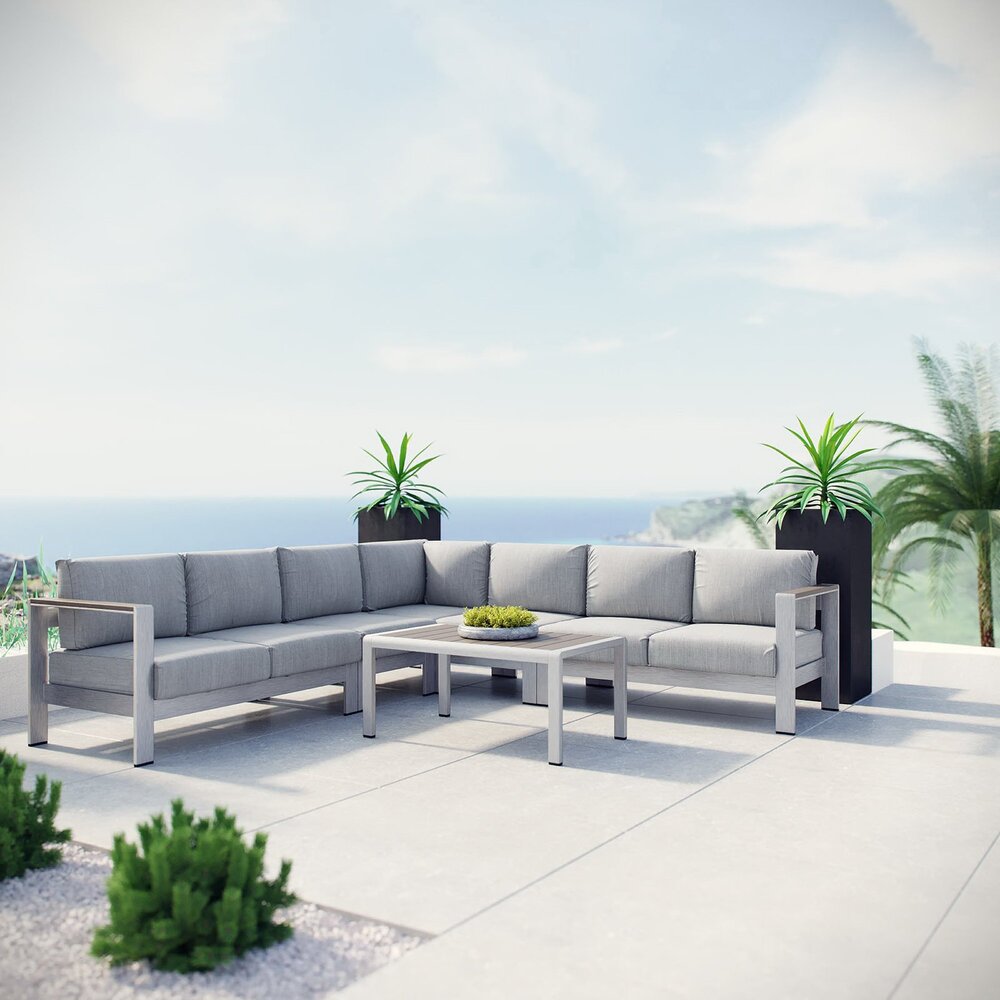 Shore 6 Piece Outdoor Patio Aluminum Sectional Sofa Set in Silver Gray by Modway - Image 7