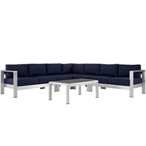 Shore 6 Piece Outdoor Patio Aluminum Sectional Sofa Set in Silver Navy by Modway