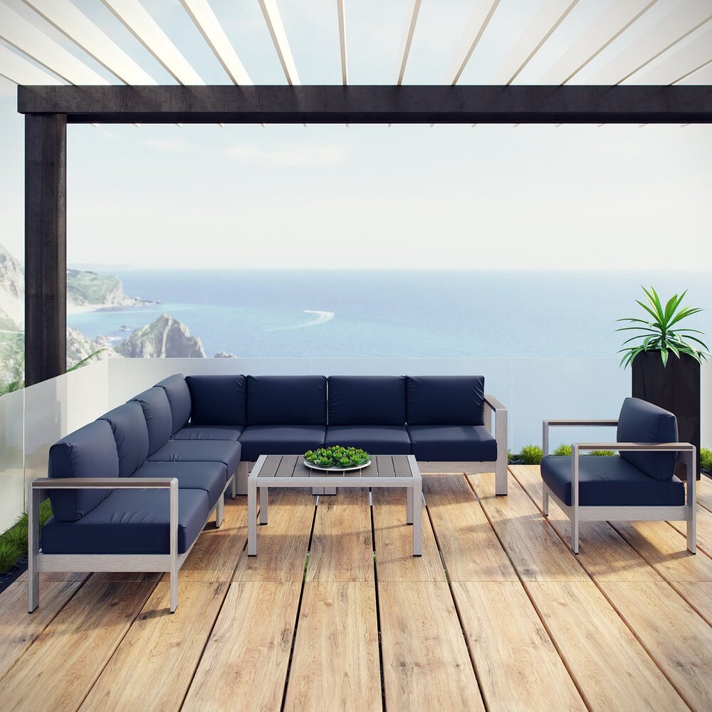 Shore 7 Piece Outdoor Patio Aluminum Sectional Sofa Set in Silver Navy by Modway - Image 8