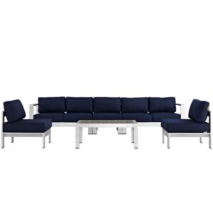 Shore 6 Piece Outdoor Patio Aluminum Sectional Sofa Set in Silver Navy by Modway