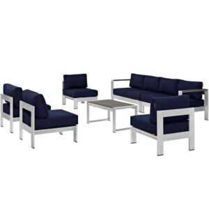 Shore 7 Piece Outdoor Patio Sectional Sofa Set in Silver Navy by Modway