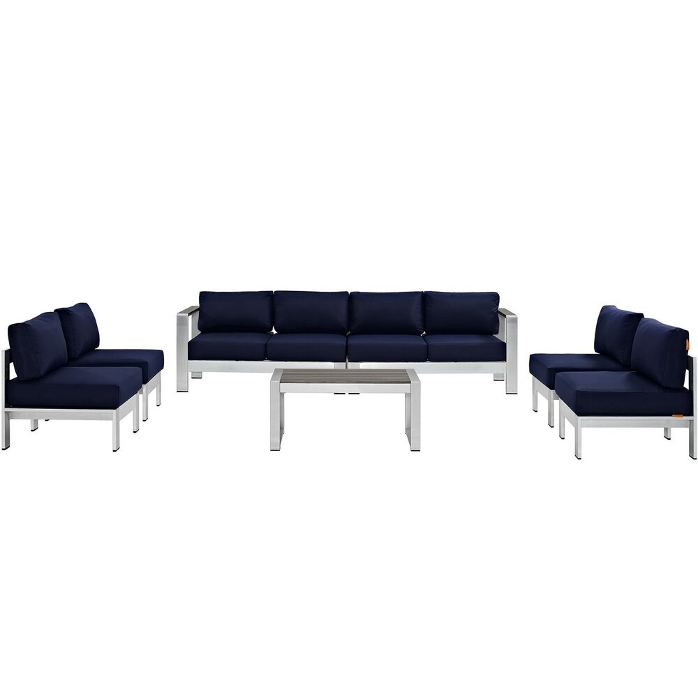 Shore 7 Piece Outdoor Patio Sectional Sofa Set in Silver Navy by Modway - Image 2